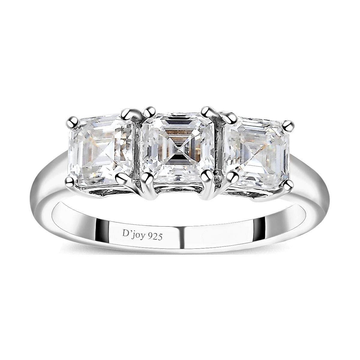 Asscher Cut Moissanite 3 Stone Ring in Platinum Over Sterling Silver (Size 10.0) 2.00 ctw