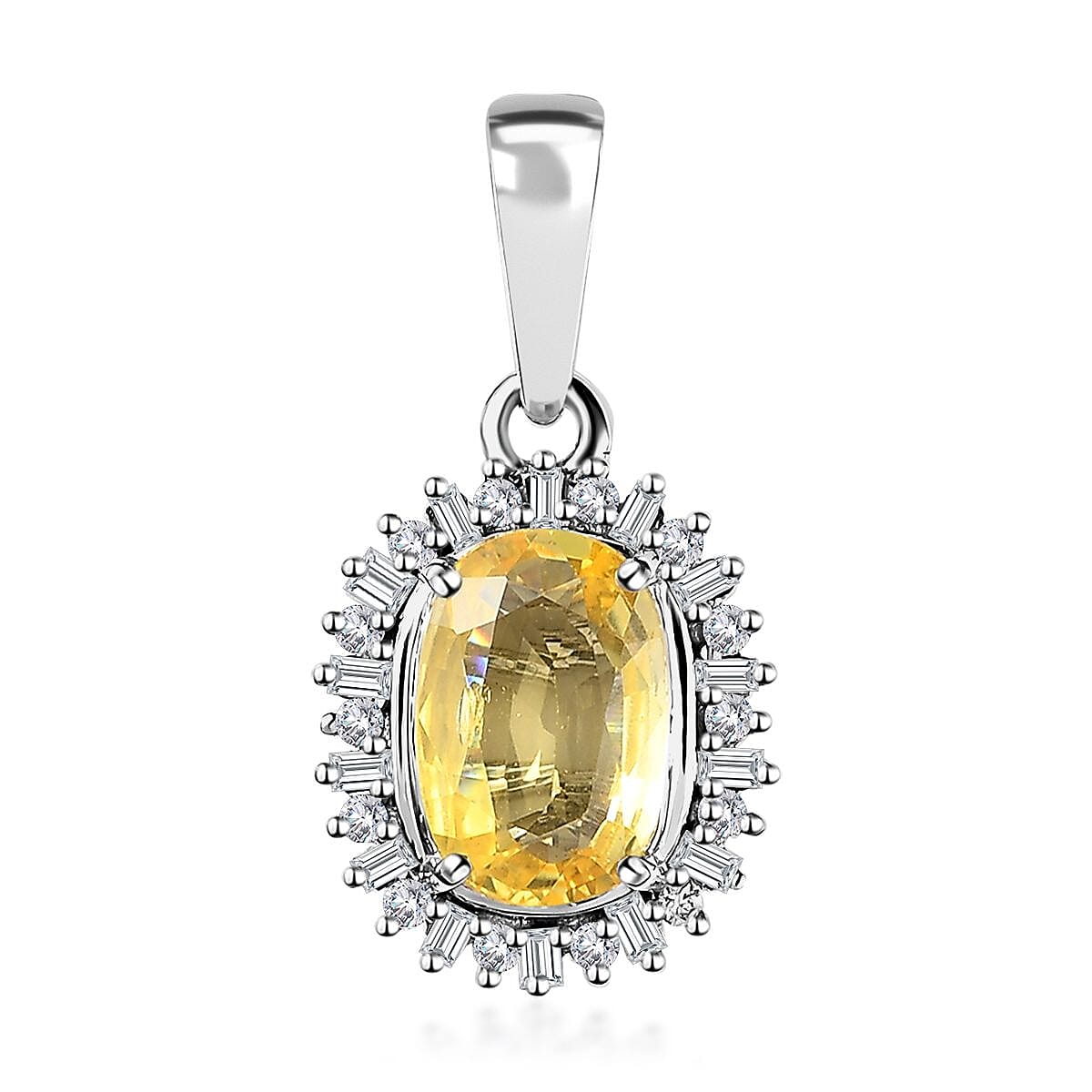 Doorbuster Luxoro 10K White Gold Premium Natural Ceylon Yellow Sapphire and G-H I2 Diamond Sunburst Pendant 1.25 ctw