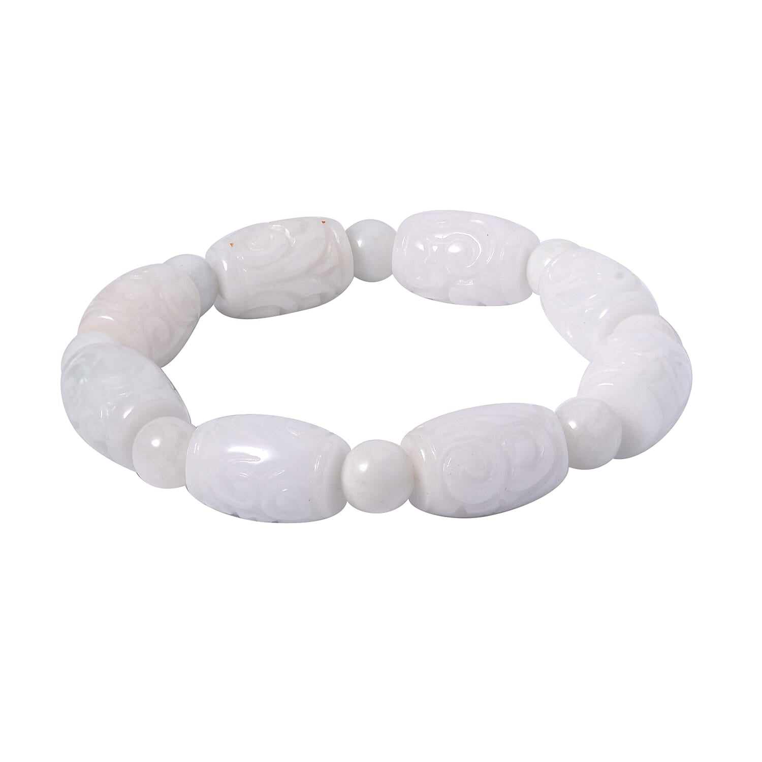 Natural Jade Carved Barrel and Beaded Stretch Bracelet 326.00 ctw