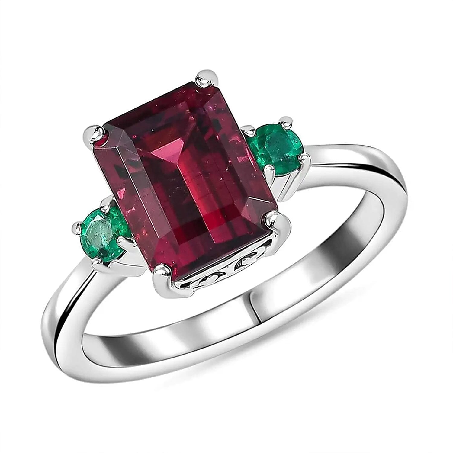Certified Rhapsody 950 Platinum AAAA Ouro Fino Rubellite and AAAA Boyaca Colombian Emerald Ring (Size 9.0) 2.65 ctw 6.75 Grams
