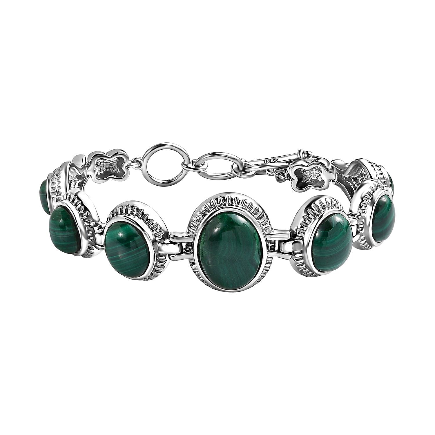 African Malachite Bracelet in Stainless Steel (6.50 In) 28.30 ctw