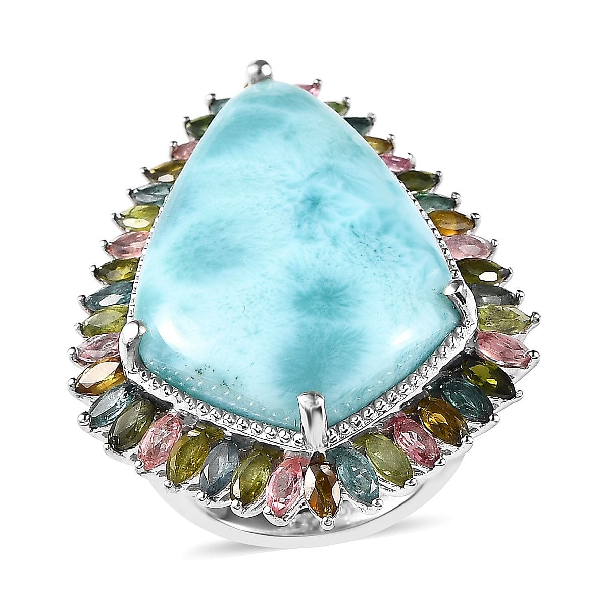 Larimar and Multi-Tourmaline Halo Ring in Platinum Over Sterling Silver (Size 10.0) 34.85 ctw