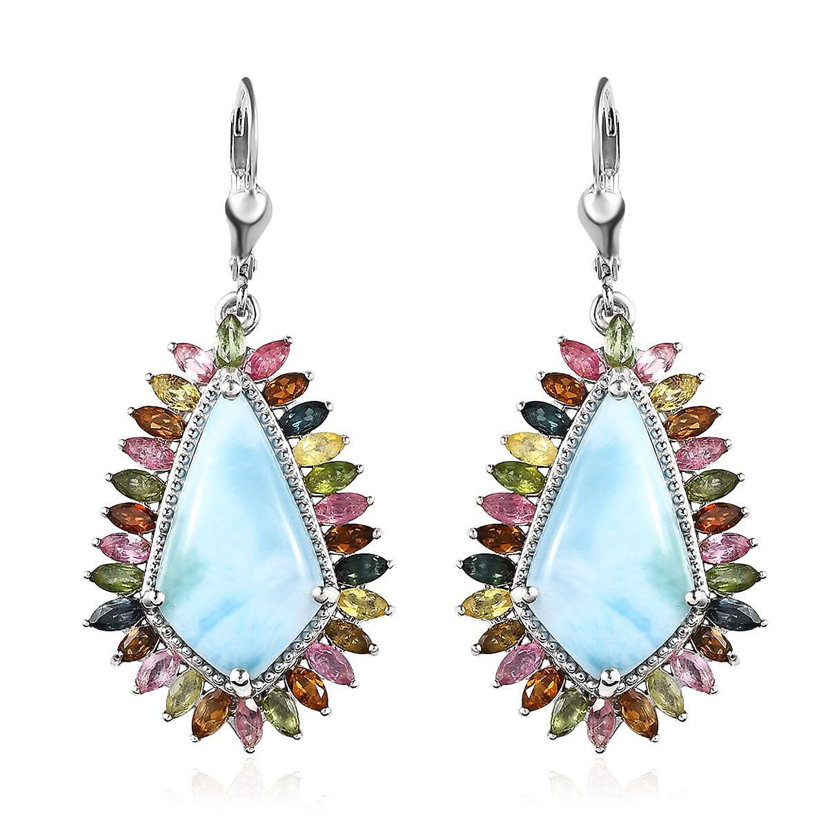 Larimar and Multi-Tourmaline Lever Back Earrings in Platinum Over Sterling Silver 22.15 ctw