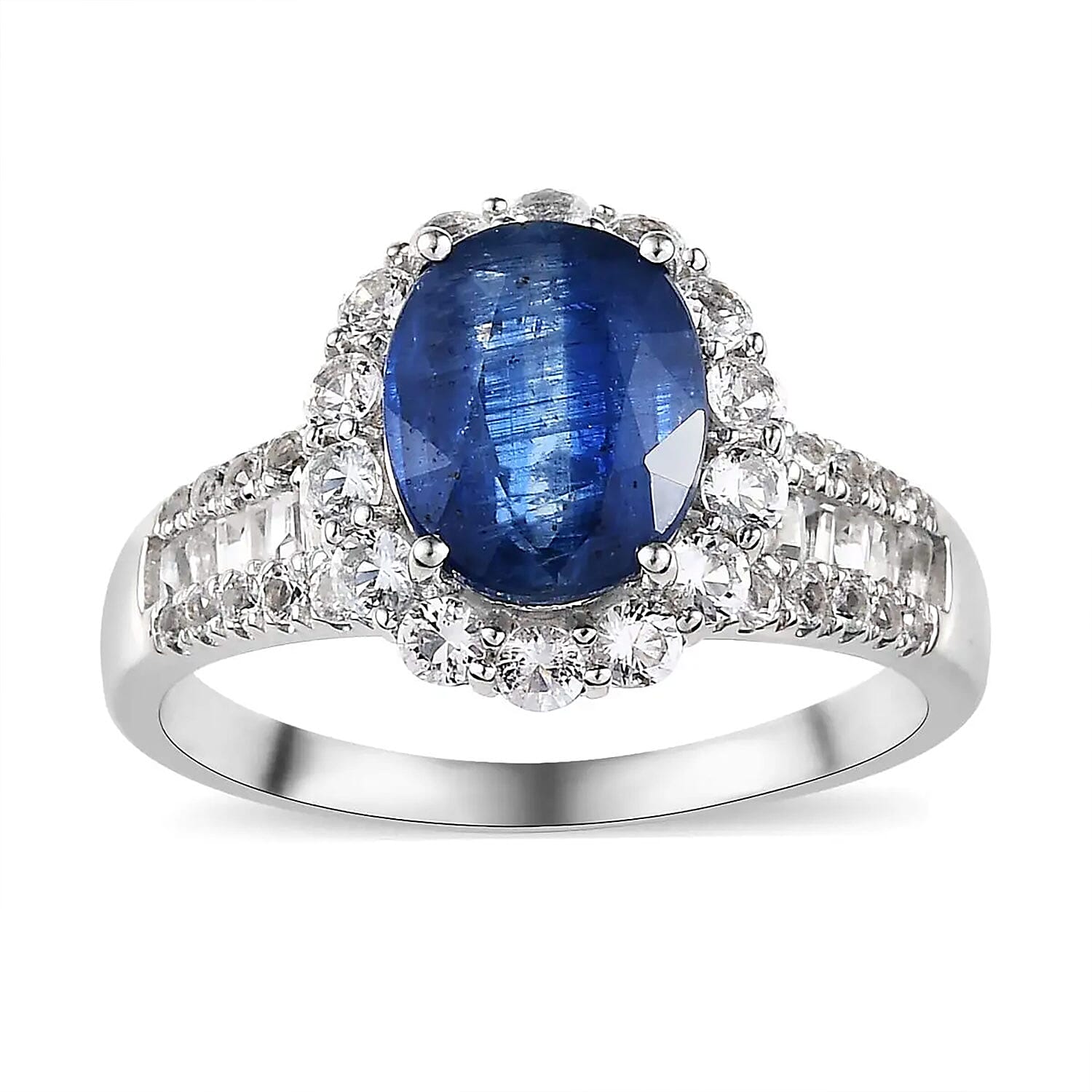 Premium Kyanite and White Topaz Halo Ring in Platinum Over Sterling Silver (Size 10.0) 5.40 ctw