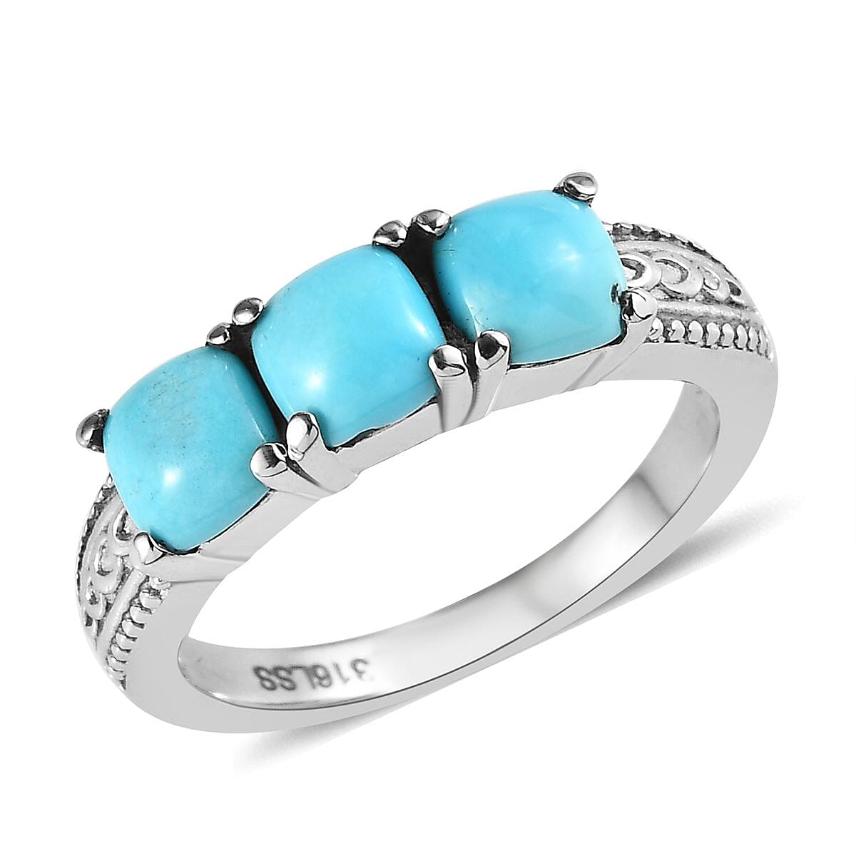 Sleeping Beauty Turquoise 3 Stone Ring in Stainless Steel (Size 10.0) 1.70 ctw