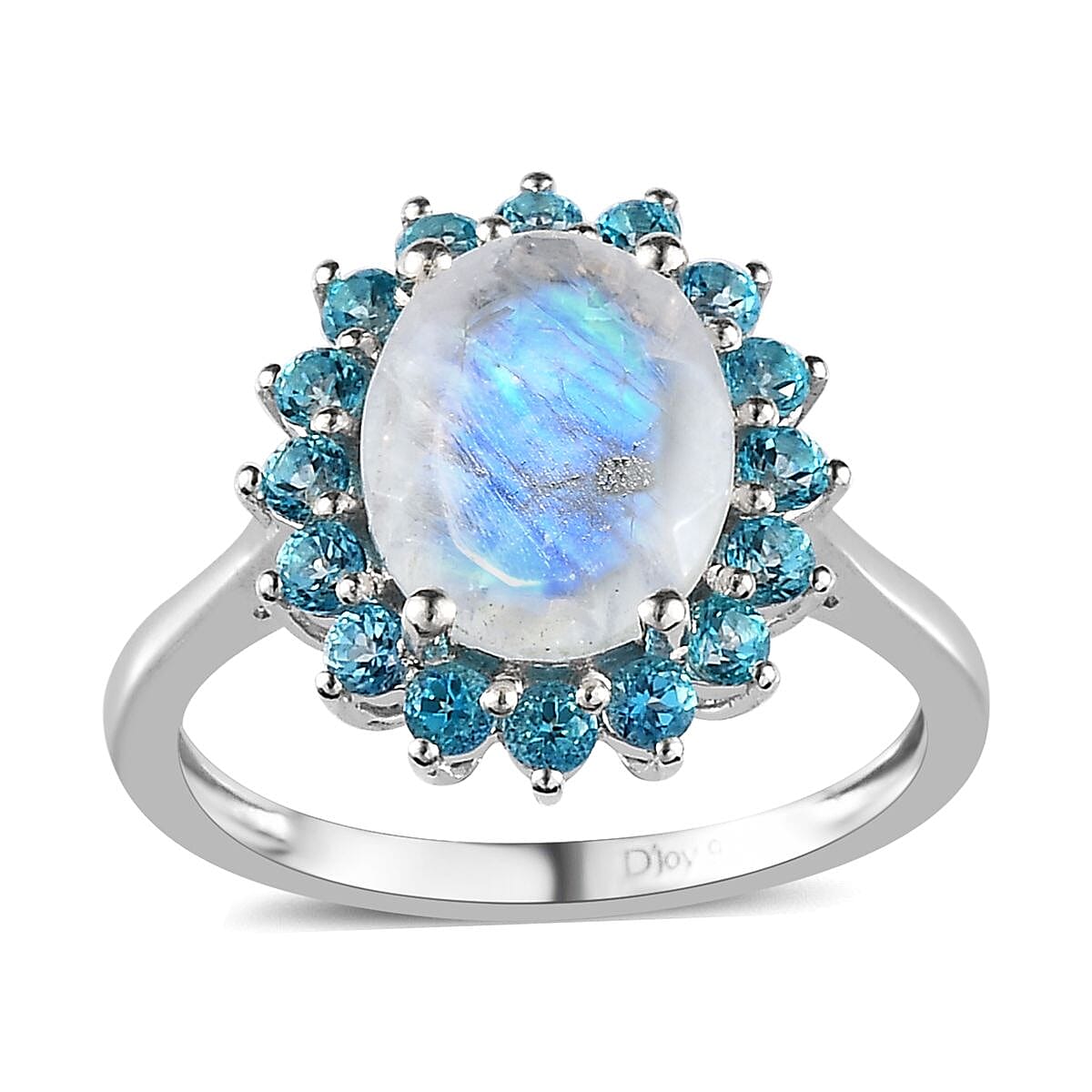 Premium Rainbow Moonstone and Signity Pariaba Topaz Halo Ring in Platinum Over Sterling Silver (Size 10.0) 3.10 ctw