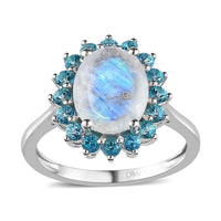 Premium Rainbow Moonstone and Signity Pariaba Topaz Halo Ring in Platinum Over Sterling Silver (Size 10.0) 3.10 ctw