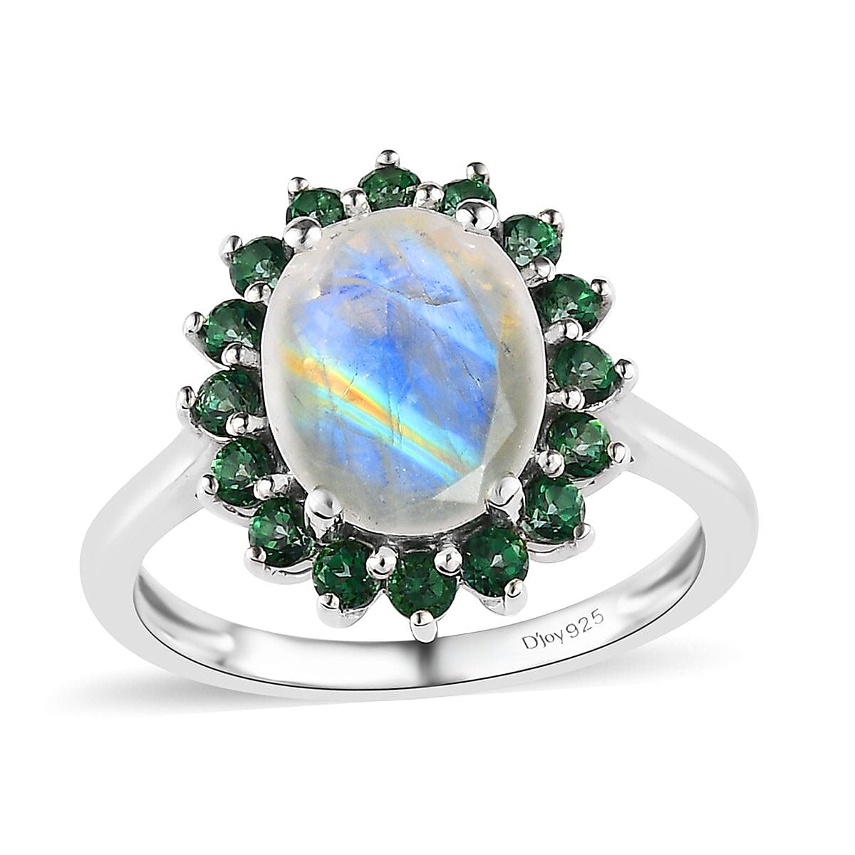 Premium Rainbow Moonstone and Signity Pariaba Topaz Halo Ring in Platinum Over Sterling Silver (Size 10.0) 3.10 ctw