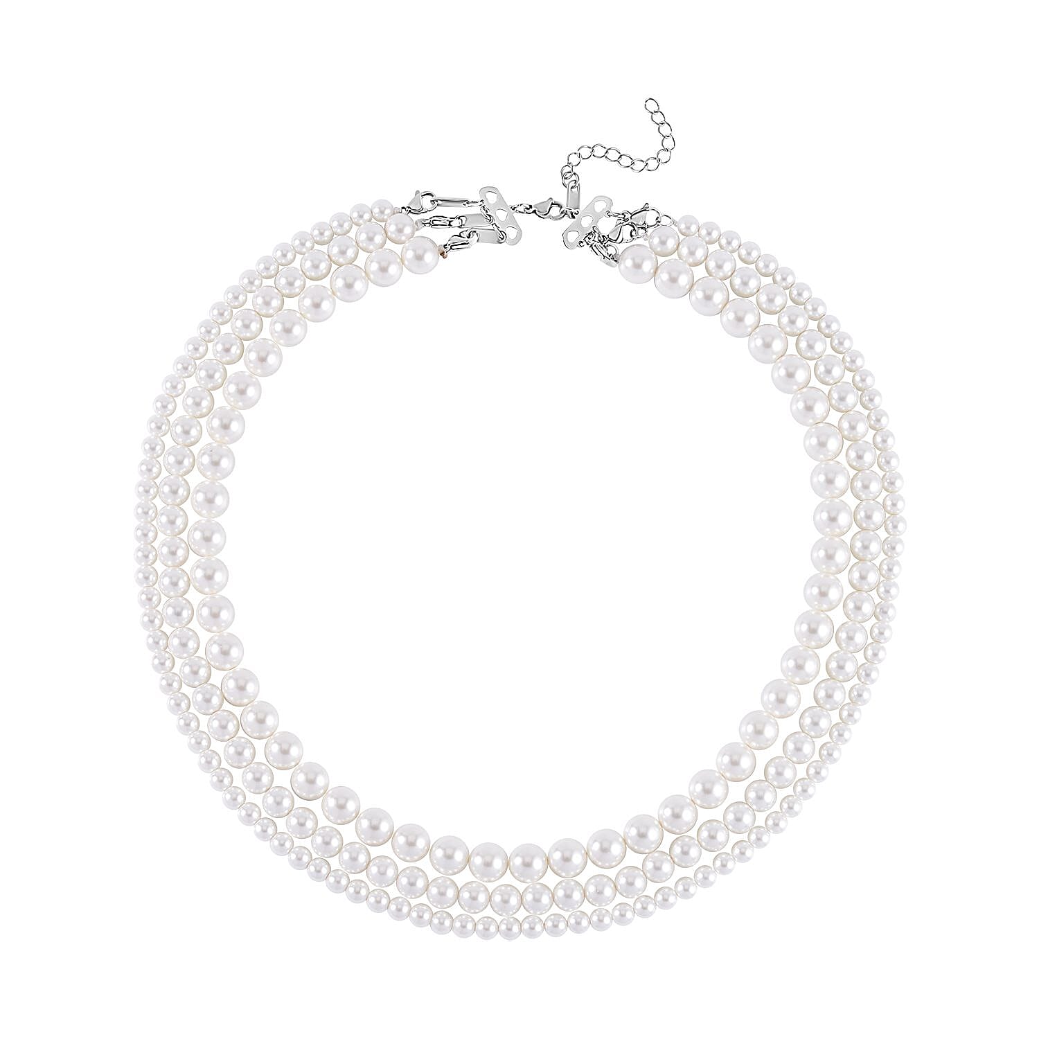 Doorbuster White Shell Pearl Beaded 3 Row Beaded Necklace 18 Inches in Stainless Steel