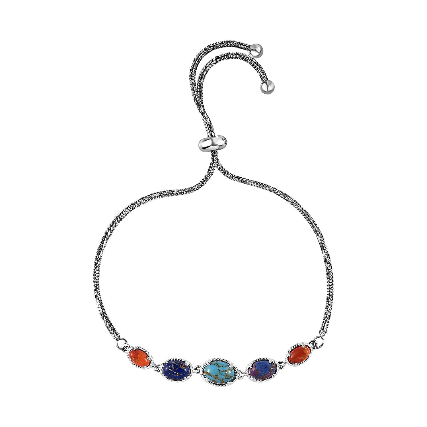 Multi Color Turquois Bracelet Bolo Bracelet in Sterling Silver and Stainless Steel (10.50 In) 3.75 ctw