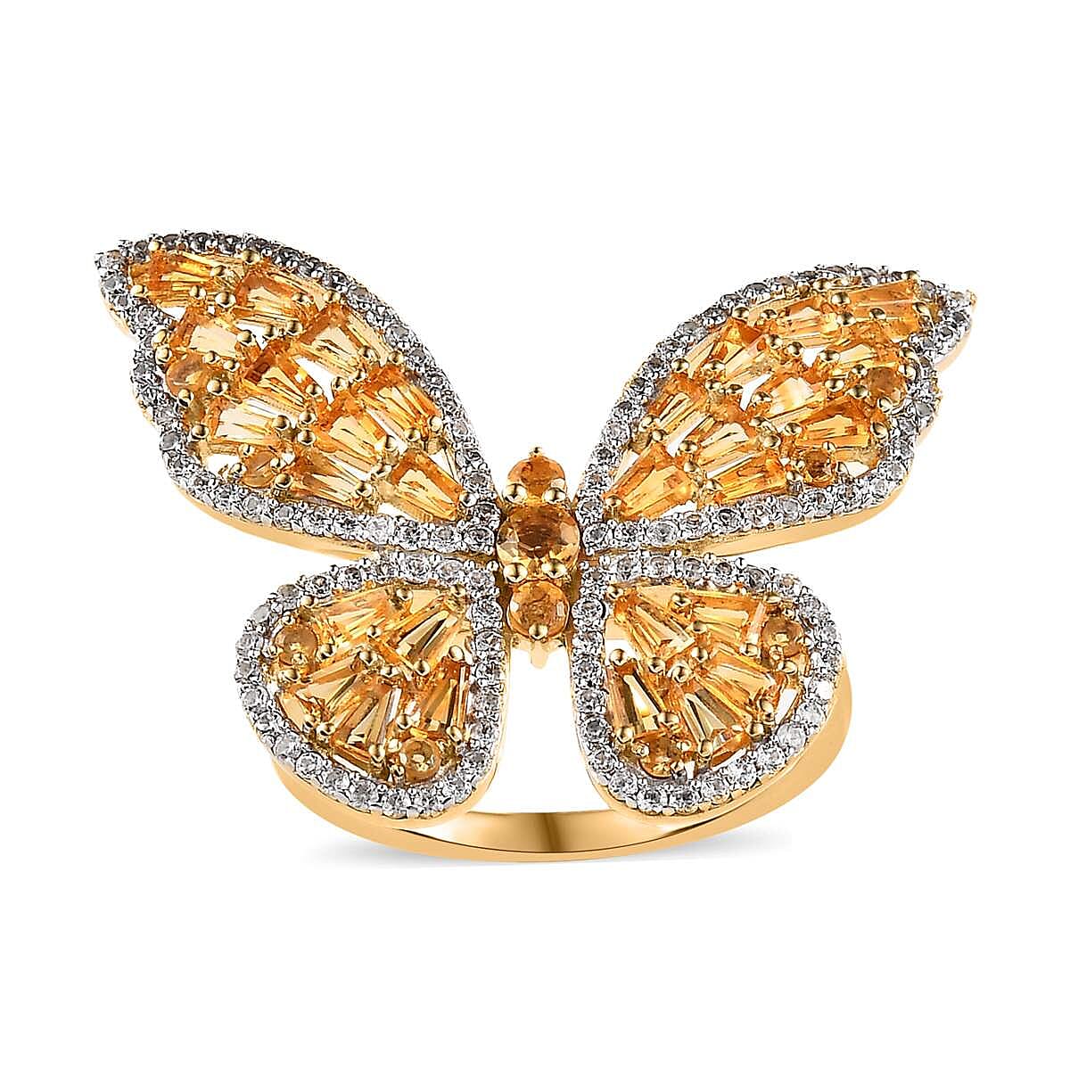 GP Trionfo Collection Premium Brazilian Citrine, White Zircon Butterfly Ring in Vermeil YG Over Sterling Silver (Size 10.0) 3.30 ctw