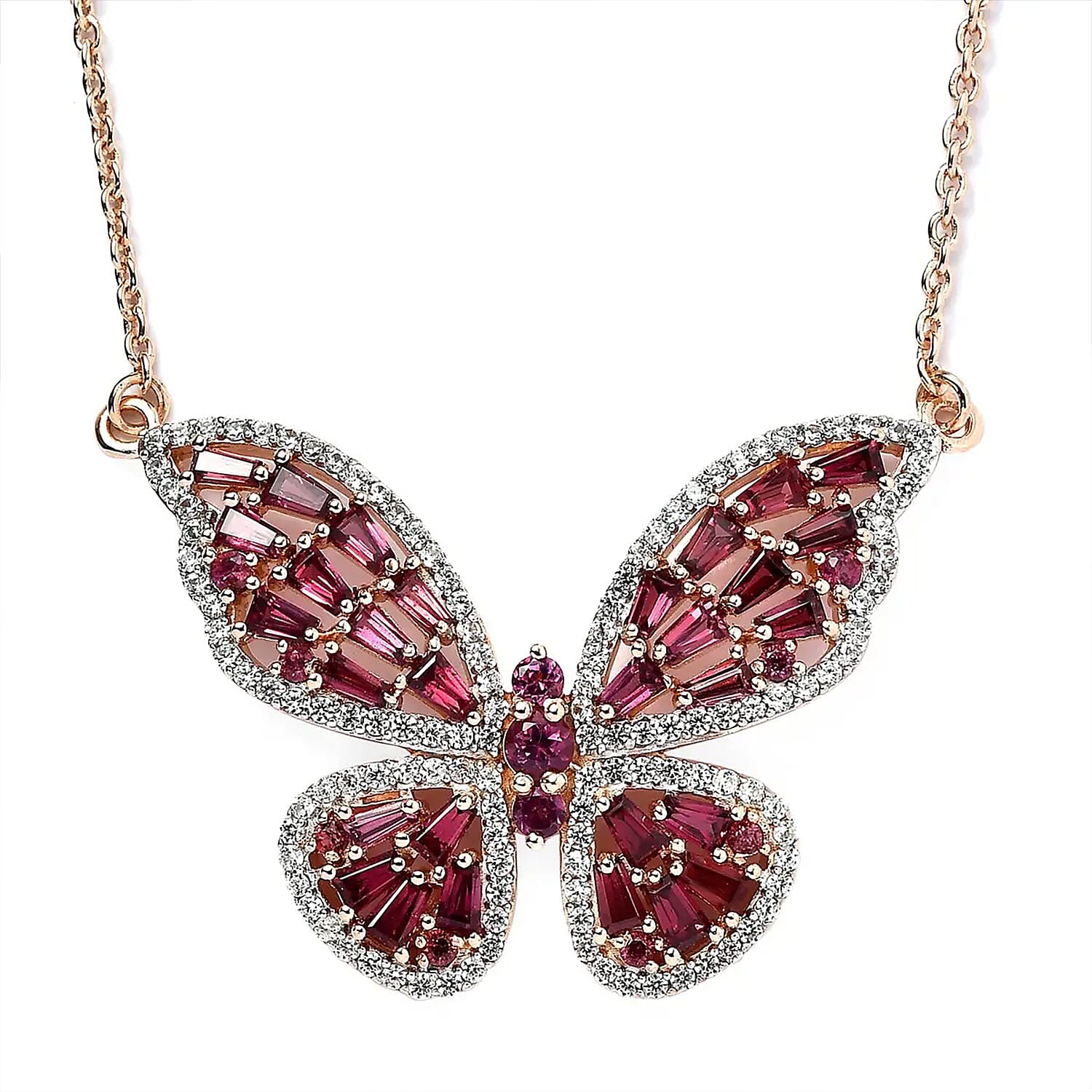 GP Premium Rhodolite Garnet and White Zircon Butterfly Necklace 18 Inches in Vermeil Rose Gold Over Sterling Silver 4.15 ctw