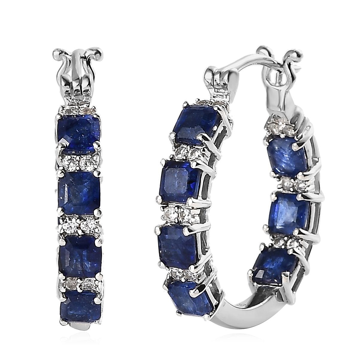 Doorbuster Asscher Cut Masoala Sapphire (FF) and White Zircon Hoop Earrings in Platinum Over Sterling Silver 8.00 ctw
