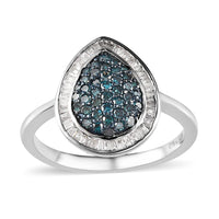 Blue and White Diamond Halo Ring in Platinum Over Sterling Silver (Size 10.0) 0.50 ctw