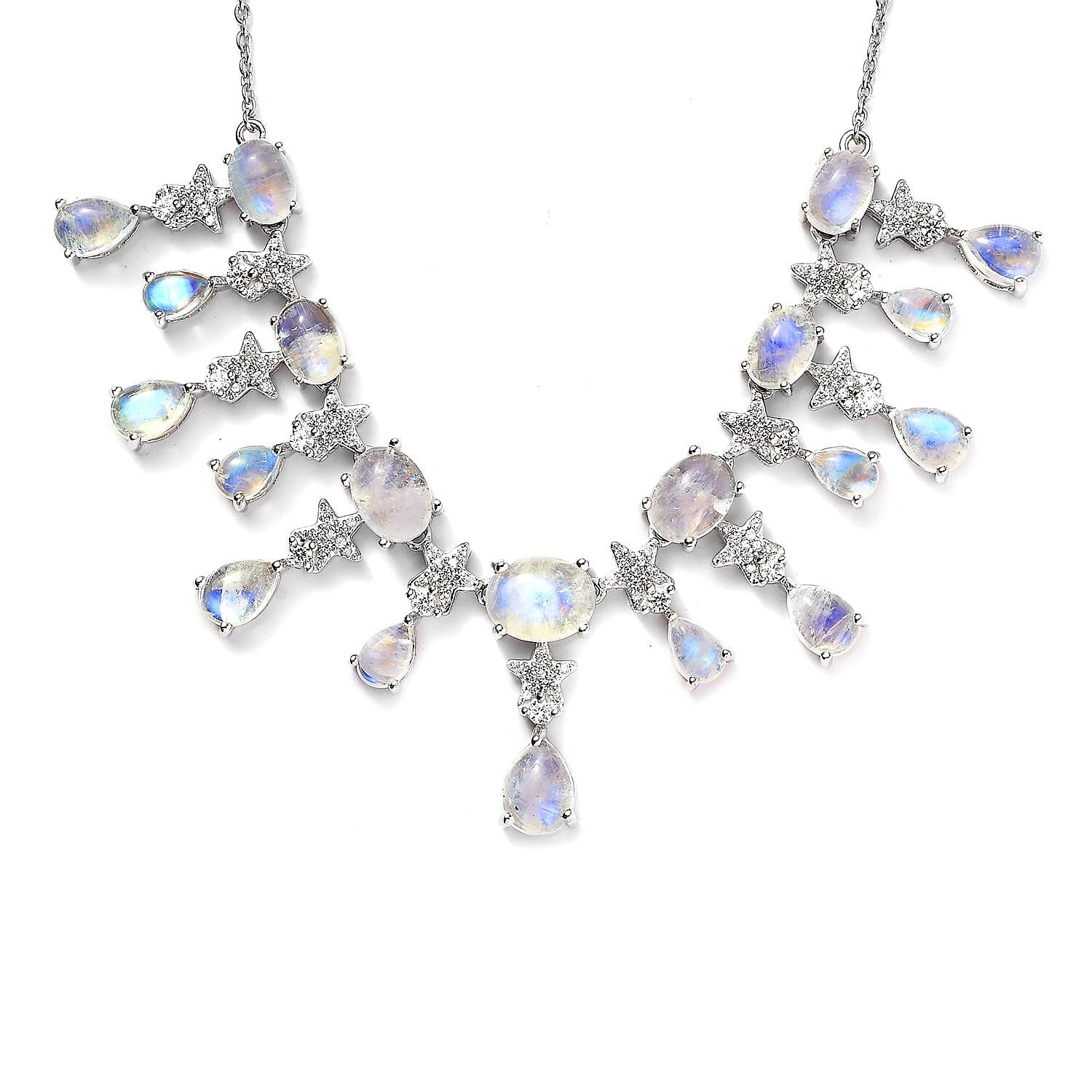 GP Celestial Dreams Collection Premium Rainbow Moonstone and White Zircon Necklace 18-20 Inches in Platinum Over Sterling Silver 20.00 ctw