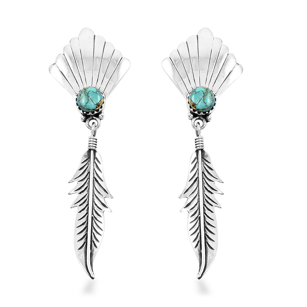 Santa Fe Style Turquoise Feather Earrings in Sterling Silver 0.75 ctw