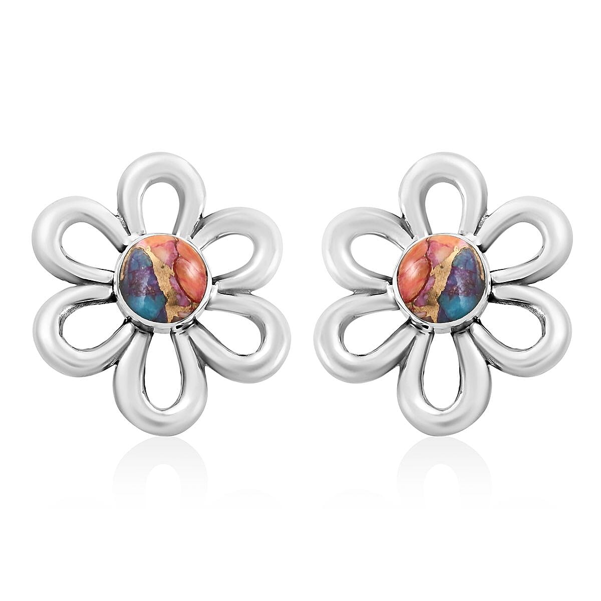 Santa Fe Style Multi Gemstone Floral Earrings in Sterling Silver 0.75 ctw