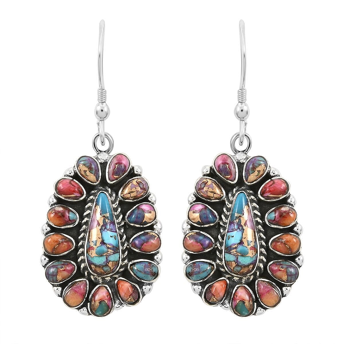 Santa Fe Style Multi Gemstone Fish Hook Earrings in Sterling Silver 4.50 ctw