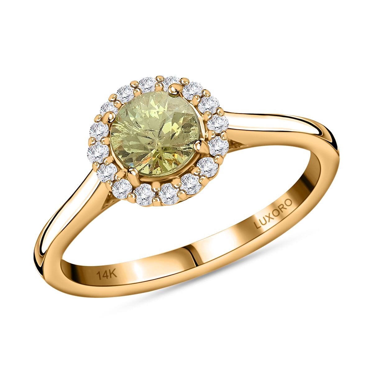 Luxoro 14K Yellow Gold AAA Ambanja Demantoid Garnet and G-H I2 Diamond Ring 1.00 ctw