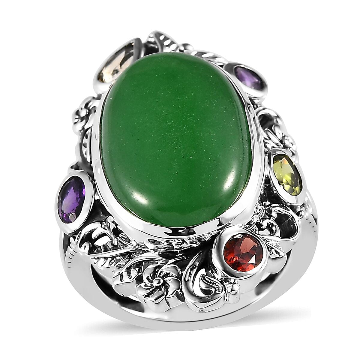 Green Jade (D) and Multi Gemstone Ring in Sterling Silver (Size 10.0) 12.60 ctw