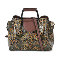 Italy Retro Noble Collection Olive Green Distressed Genuine Leather Crossbody Bag with 47 Inch Shoulder Strap, Floral Embossed Ladies Purse Handbag With Adjustable Detachable Strap