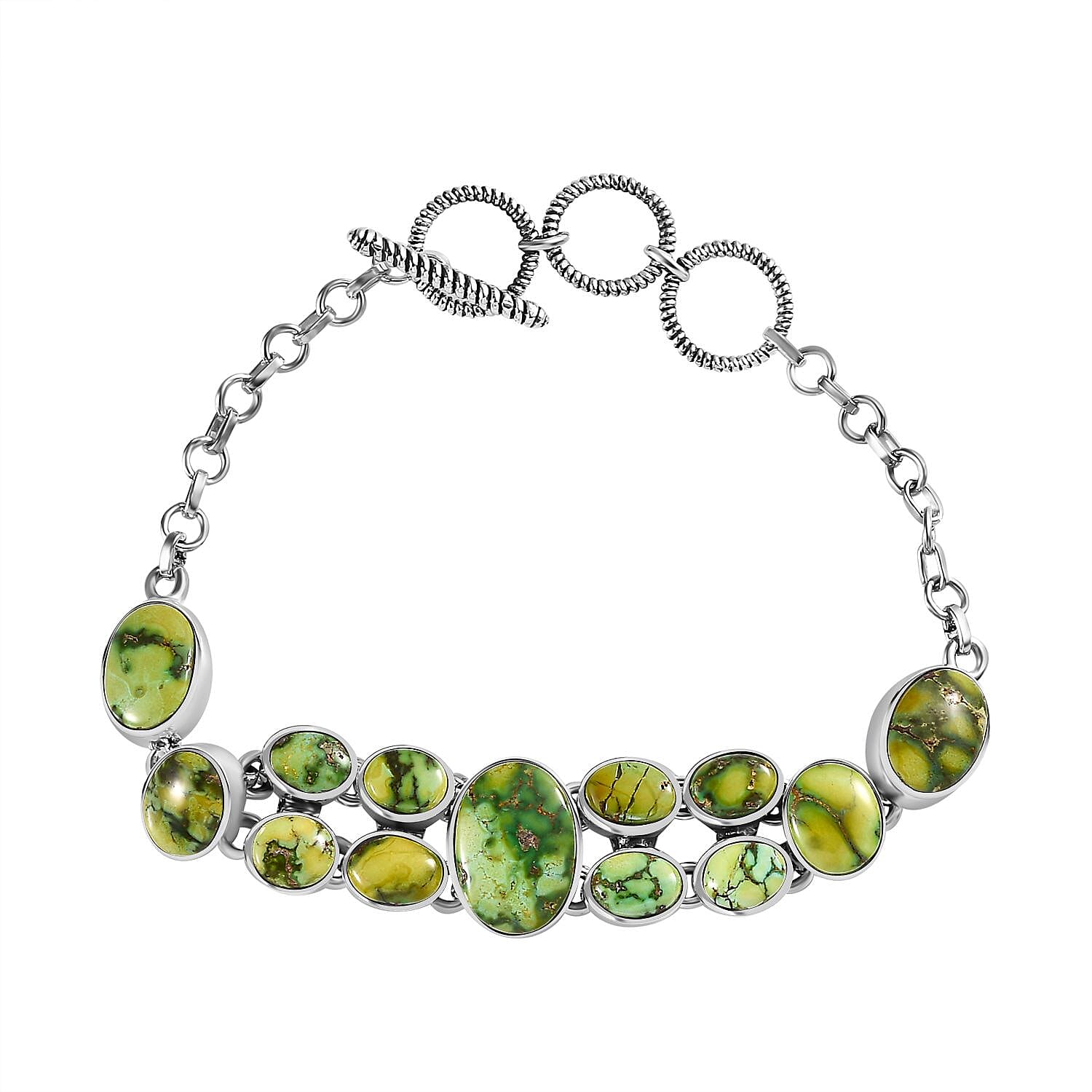 D'Joy Artisan Crafted Sonoran Gold Turquoise Toggle Clasp Bracelet in Black Oxidized Sterling Silver (7.25-8.50In) 21.15 ctw