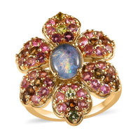 GP Italian Garden Collection Premium Boulder Opal Triplet and Multi-Tourmaline Floral Ring in Vermeil Yellow Gold Over Sterling Silver (Size 10.0) 3.00 ctw