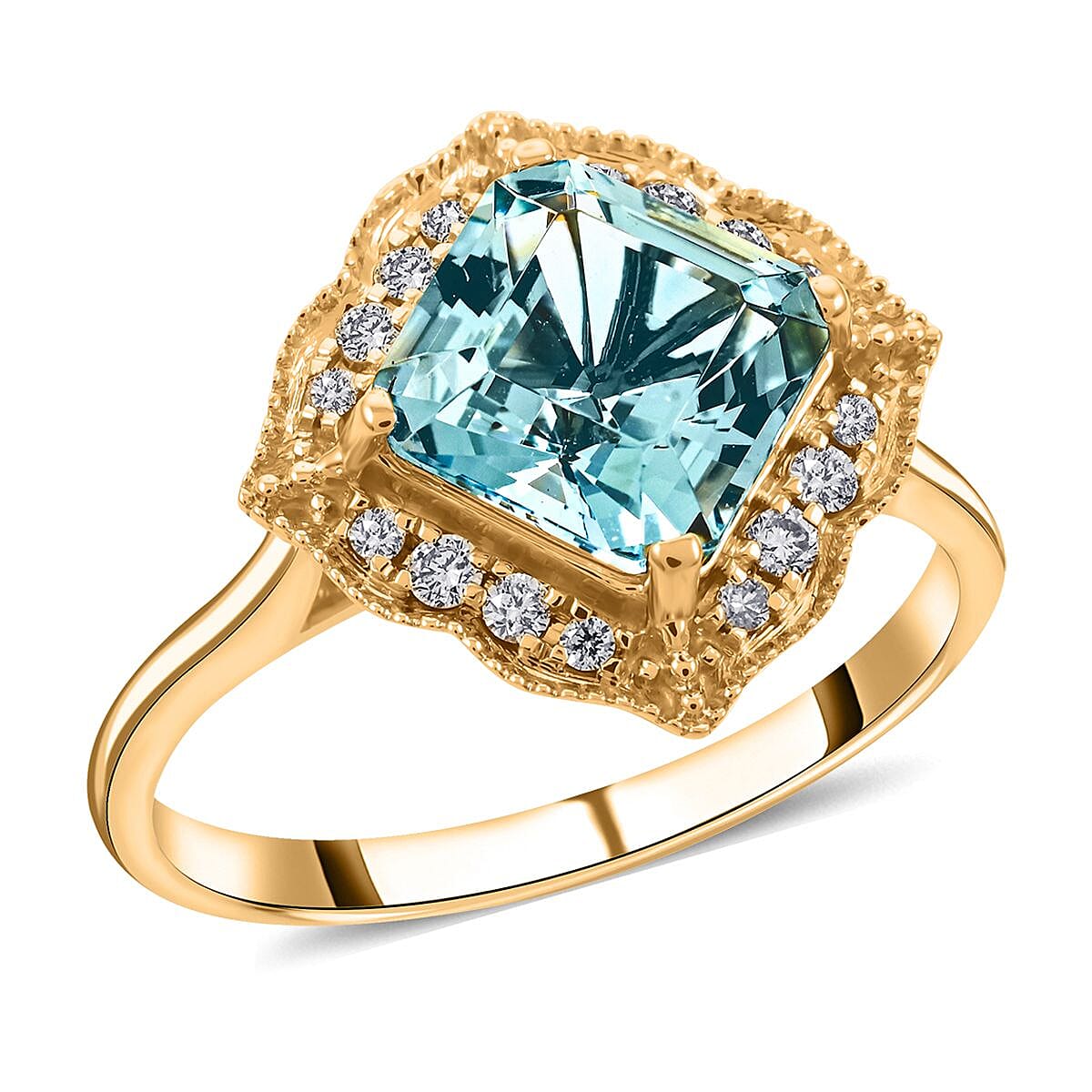 Luxoro 14K Yellow Gold Asscher Cut AAA Santa Maria Aquamarine and G-H I2 Diamond Ring 4 Grams 2.50 ctw
