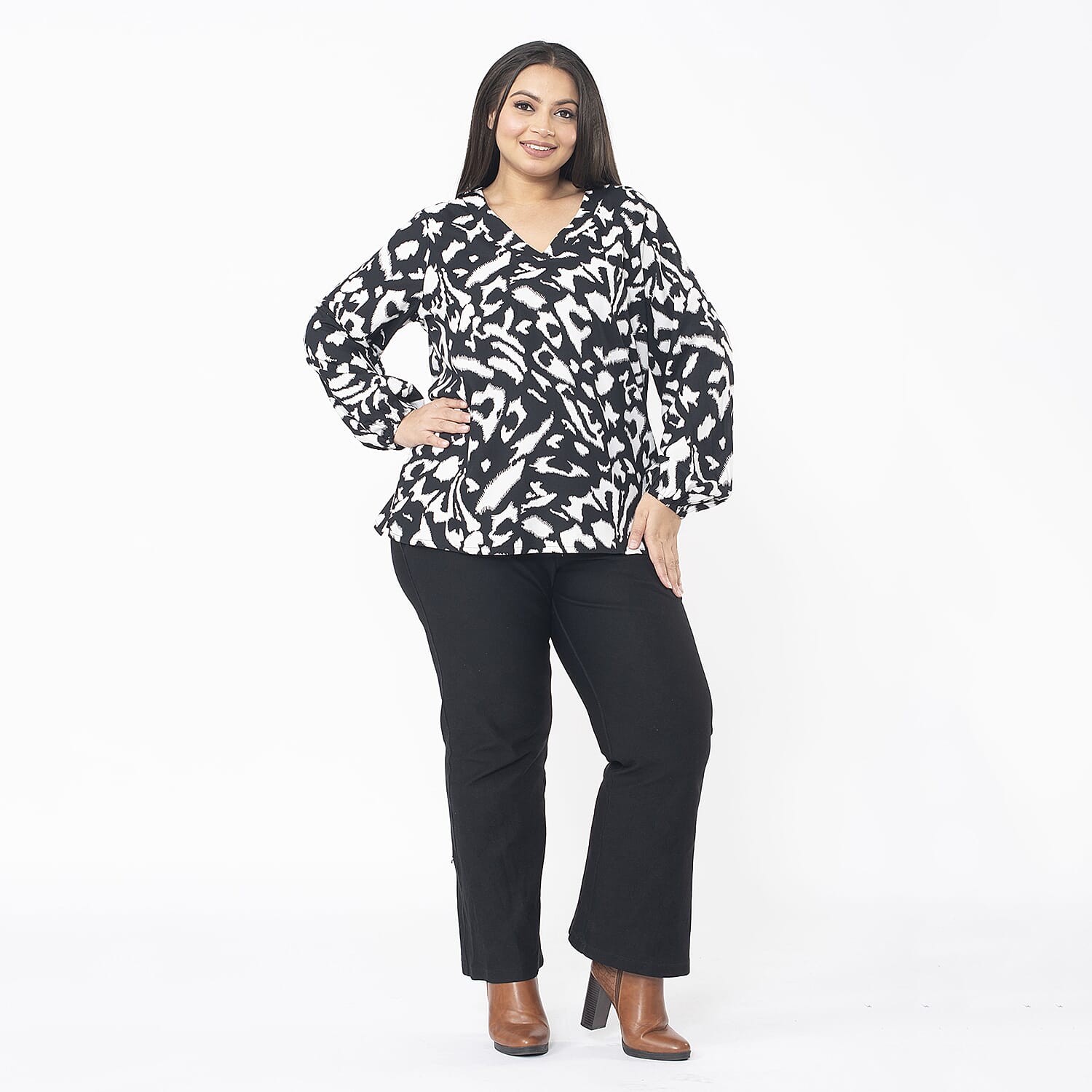 Tamsy Black Floral Full Sleeve Blouse with Elastic on Sleeve Opening - One Size Fits Most
