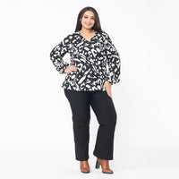 Tamsy Black Floral Full Sleeve Blouse with Elastic on Sleeve Opening - One Size Fits Most