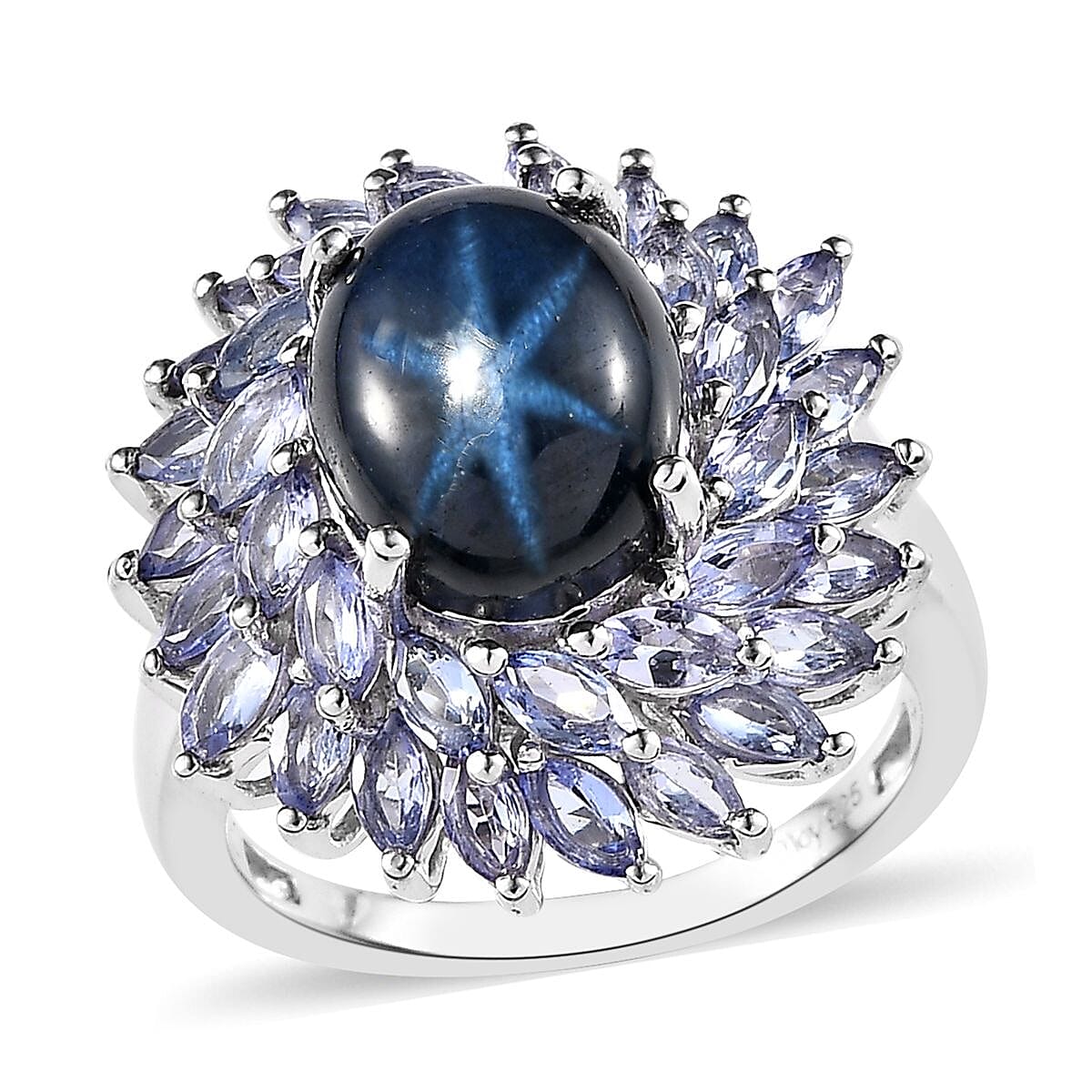 Blue Star Sapphire (DF) and Tanzanite Cocktail Ring in Platinum Over Sterling Silver 8.50 ctw