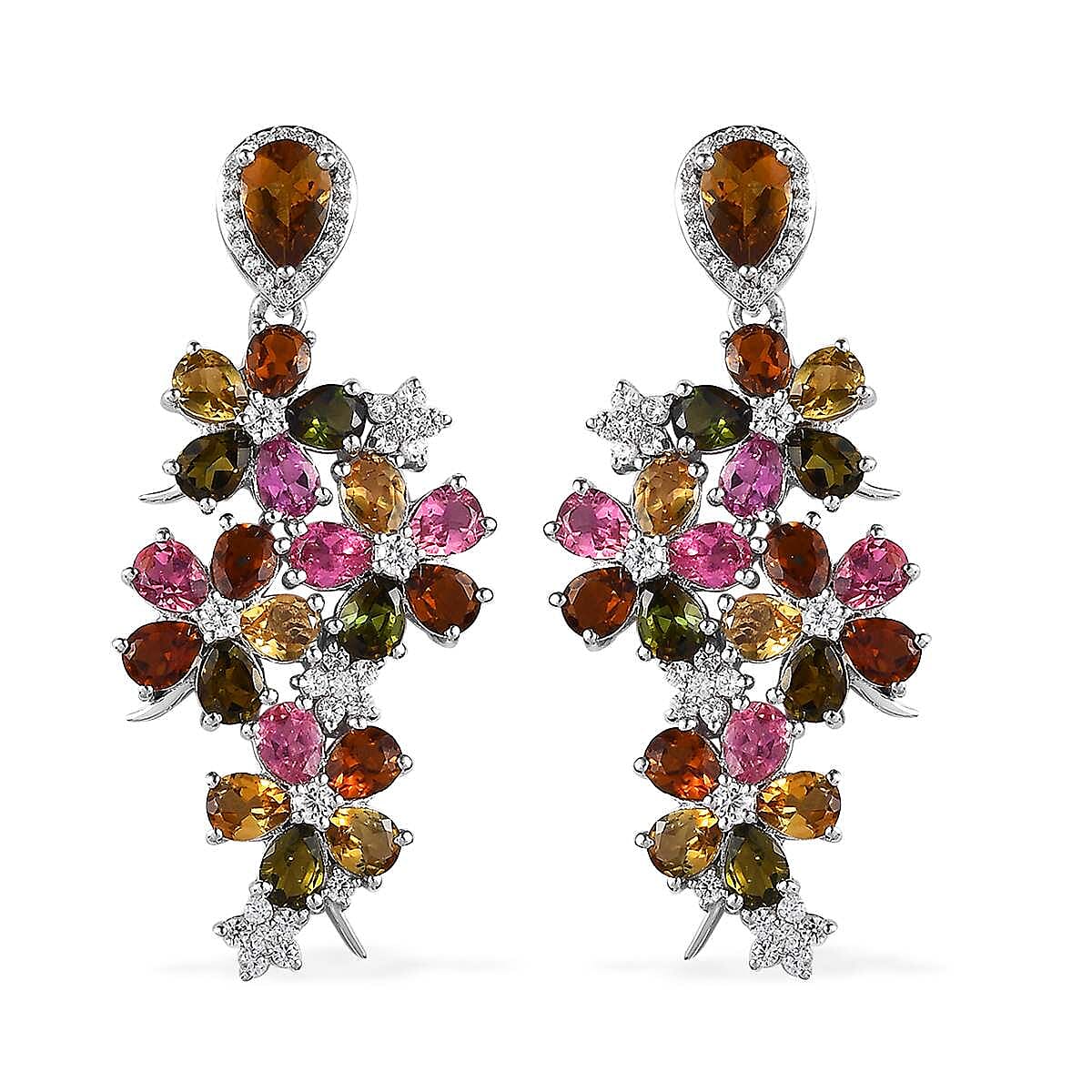 GP Italian Garden Collection Multi-Tourmaline and White Zircon Floral Earrings in Platinum Over Sterling Silver 7.40 ctw