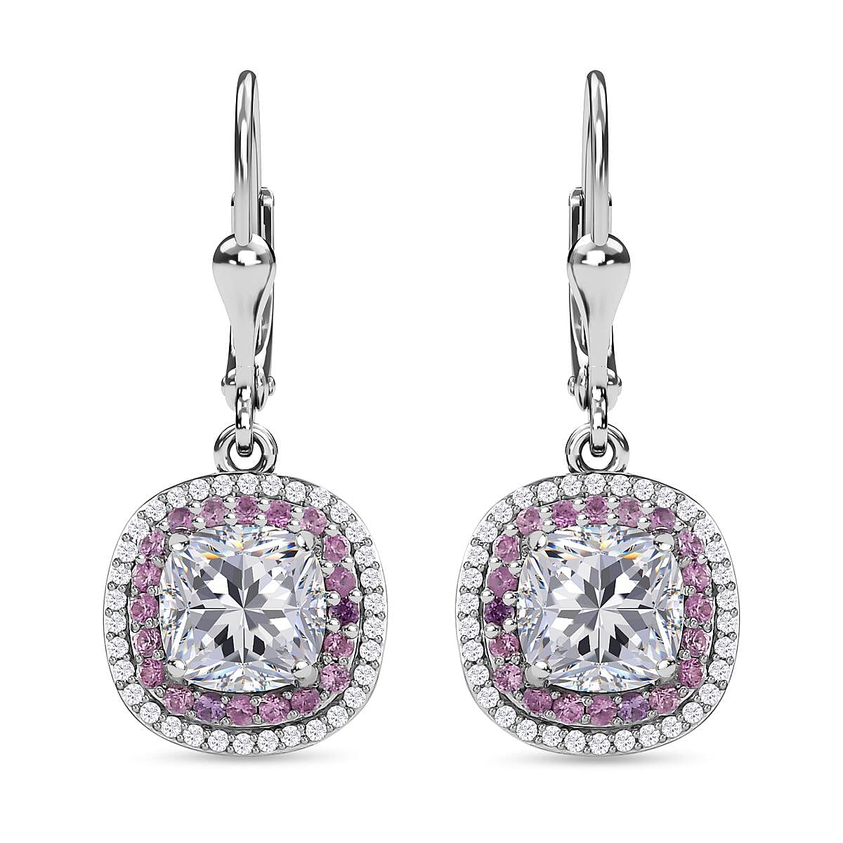 Moissanite and Madagascar Pink Sapphire Lever Back Earrings in Platinum Over Sterling Silver 4.35 ctw