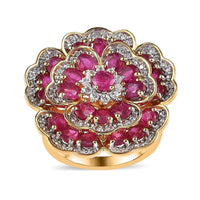 GP Italian Garden Collection Niassa Ruby (FF) and White Zircon Floral Ring in Vermeil Yellow Gold Over Sterling Silver (Size 10.0) 6.80 ctw