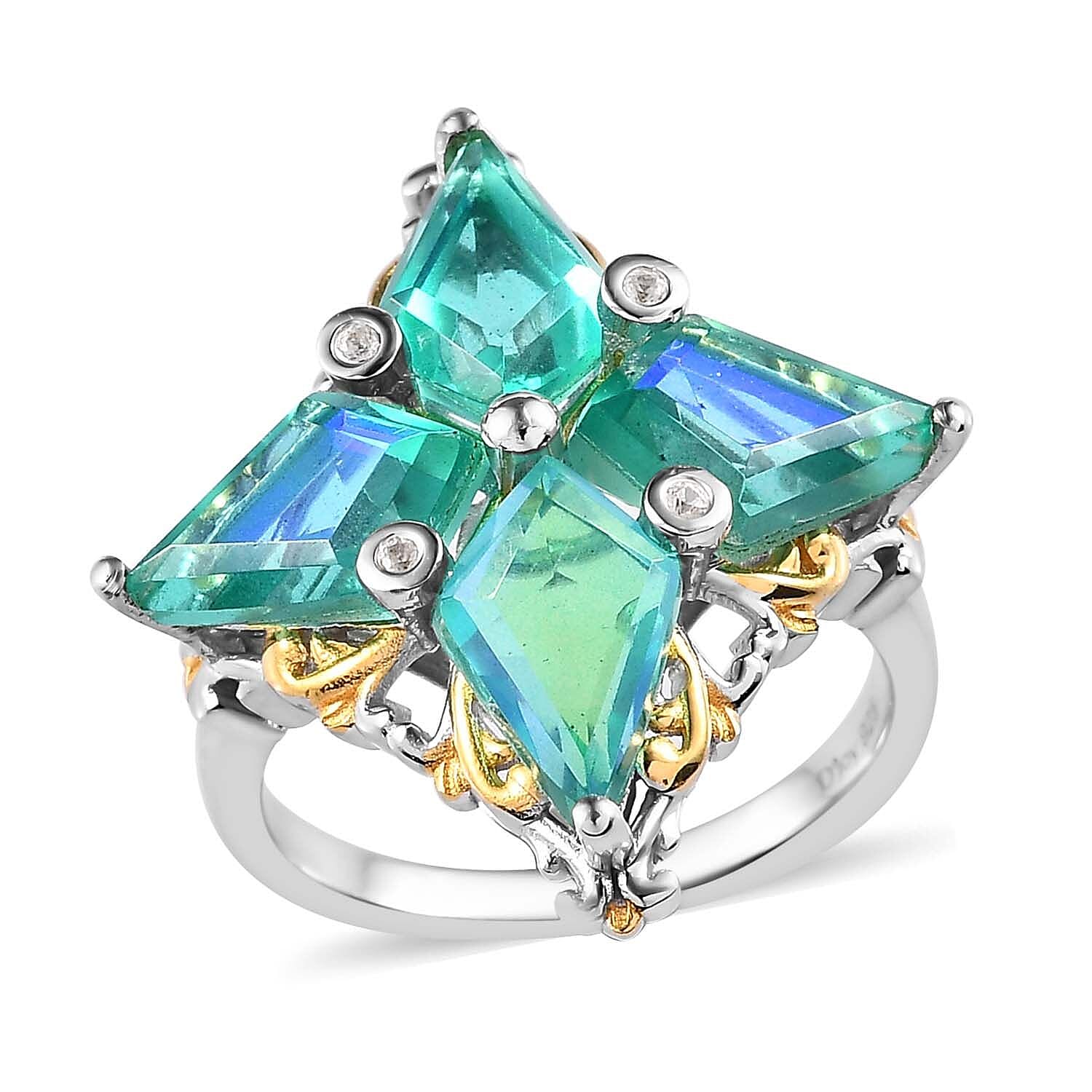 eacock Quartz (Triplet) and White Zircon Ring in Vermeil YG and Platinum Over Sterling Silver 6.15 ctw (Del. in 7-10 Days)