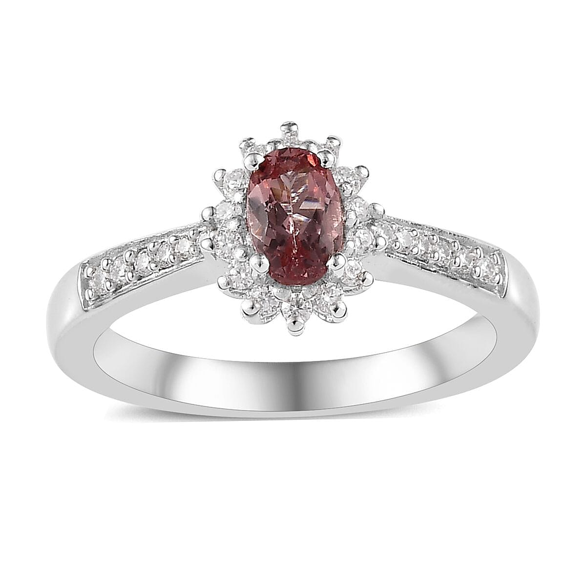 Blush Apatite and Moissanite Sunburst Ring in Platinum Over Sterling Silver 0.75 ctw