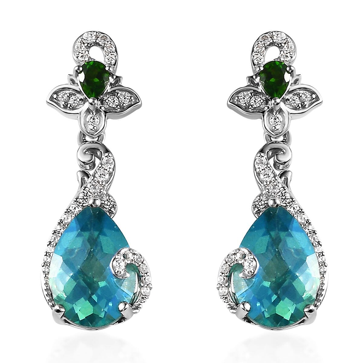 Peacock Quartz (Triplet) and Multi Gemstone Dangle Earrings in Platinum Over Sterling Silver 7.70 ctw