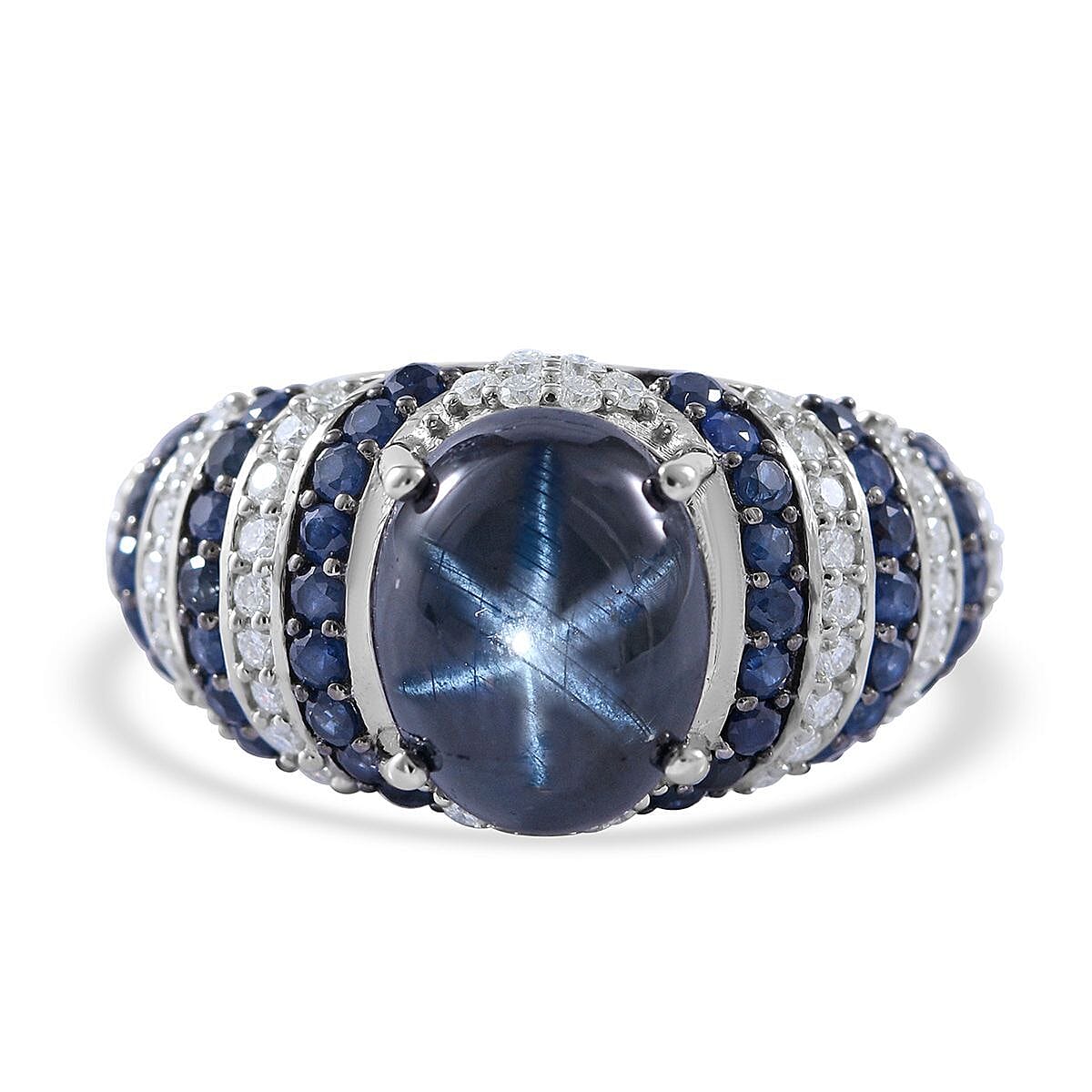 Blue Star Sapphire (DF) and Multi Gemstone Ring in Platinum Over Sterling Silver 5.90 ctw (Del. in 7-10 Days)