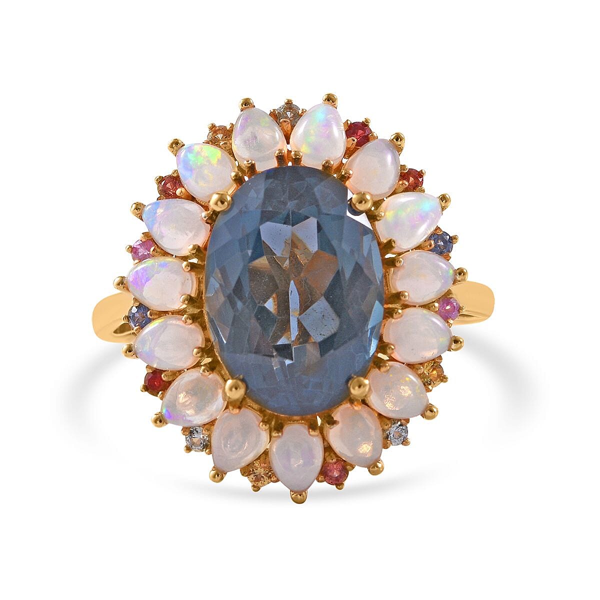 London Blue Topaz and Multi Gemstone Floral Ring in Vermeil Yellow Gold Over Sterling Silver 10.00 ctw