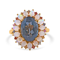 London Blue Topaz and Multi Gemstone Floral Ring in Vermeil Yellow Gold Over Sterling Silver 10.00 ctw