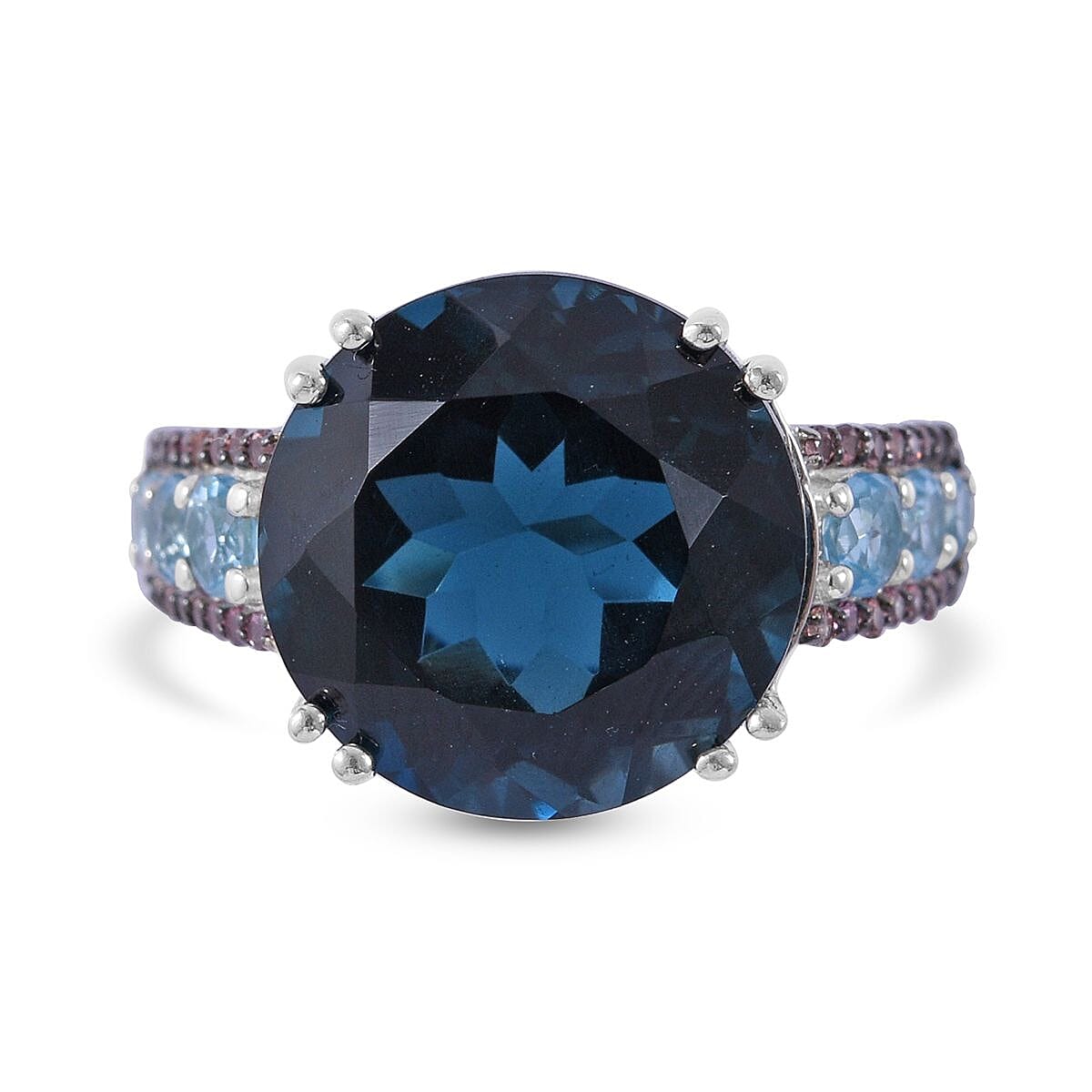 London Blue Topaz and Multi Gemstone Ring in Platinum Over Sterling Silver 11.15 ctw