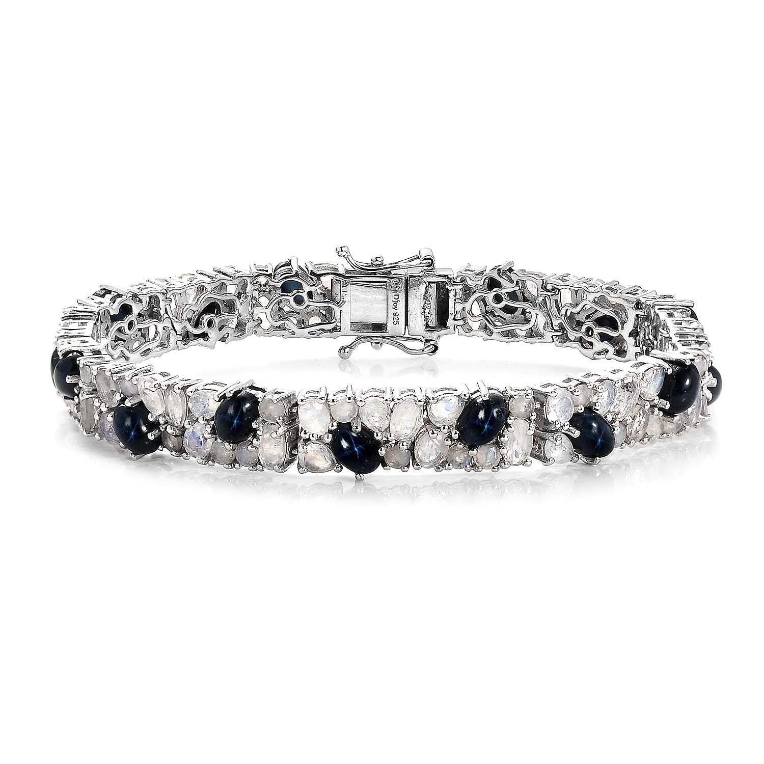 Blue Star Sapphire (DF) and Rainbow Moonstone 22.25 ctw Bracelet in Platinum Over Sterling Silve (7.25 In)