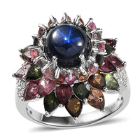 Blue Star Sapphire (DF) and Multi Gemstone Floral Ring in Platinum Over Sterling Silver (Size 10.0) 7.85 ctw