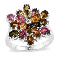 Doorbuster Multi-Tourmaline Flower Ring in Platinum Over Sterling Silver (Size 7.0) 3.85 ctw