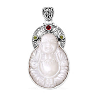 Bali Legacy White Shell Pearl Carved and Multi Gemstone Pendant without Chain in Sterling Silver 0.65 ctw