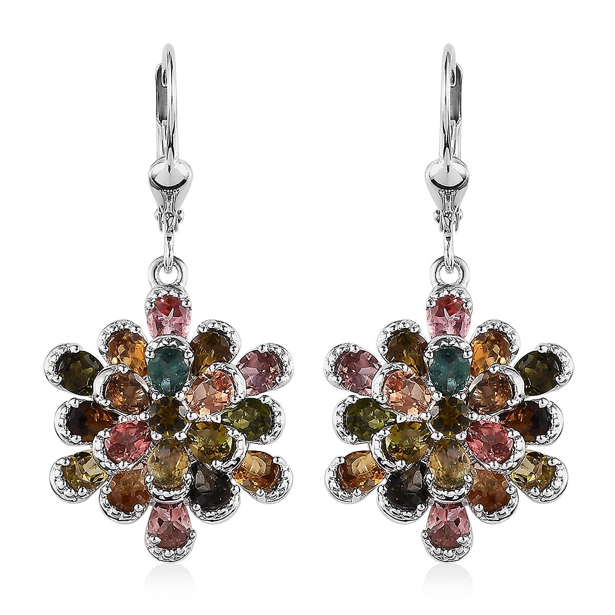 Multi-Tourmaline Flower Lever Back Earrings in Platinum Over Sterling Silver 5.60 ctw