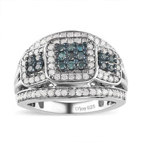 Blue Diamond (IR), White Diamond Ring in Platinum Over Sterling Silver (Size 10.0) 1.00 ctw