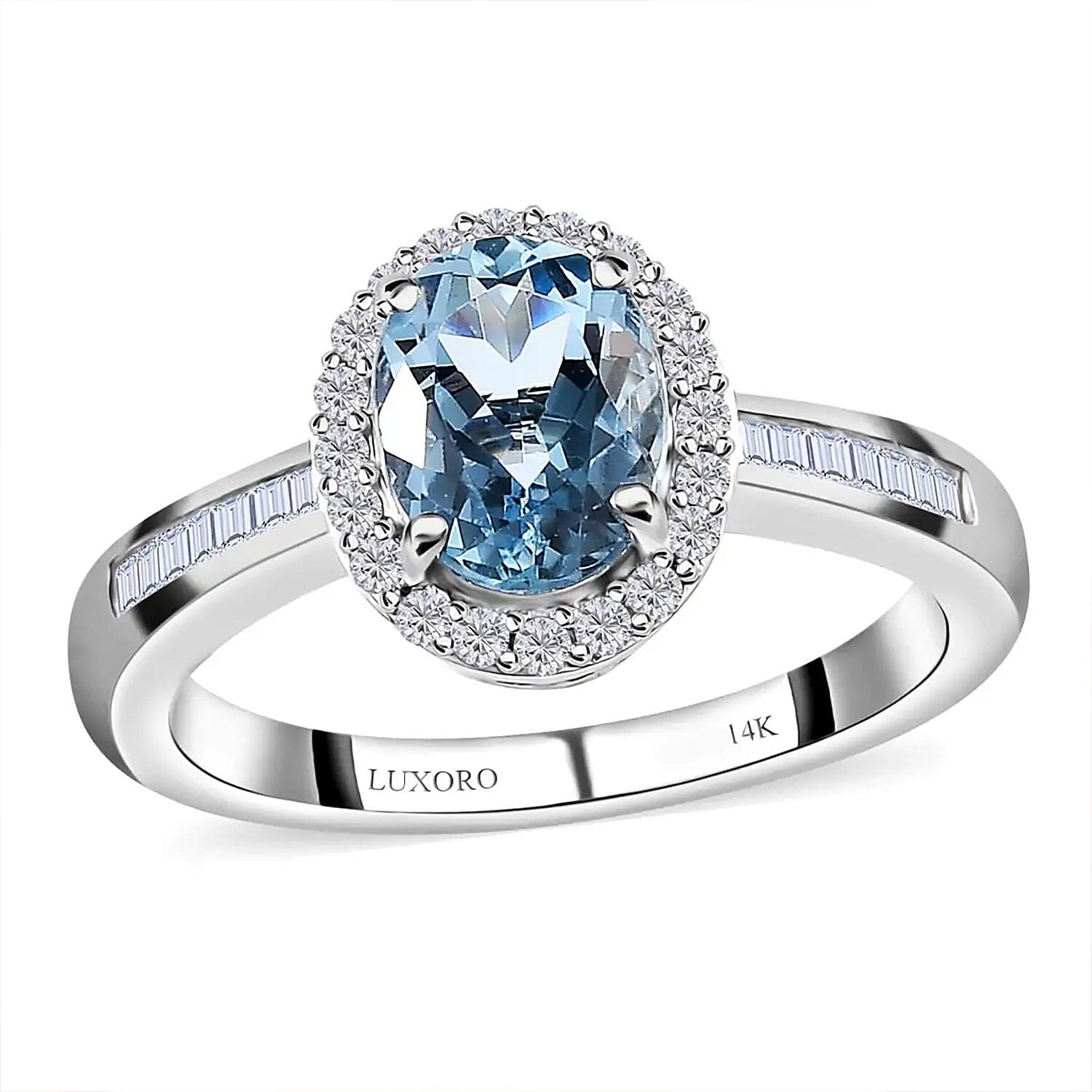 One Time Only Luxoro 14K White Gold AAA Santa Maria Aquamarine, Diamond (G-H, I2) (0.30 cts) Halo Ring (Size 6.0) 1.30 ctw