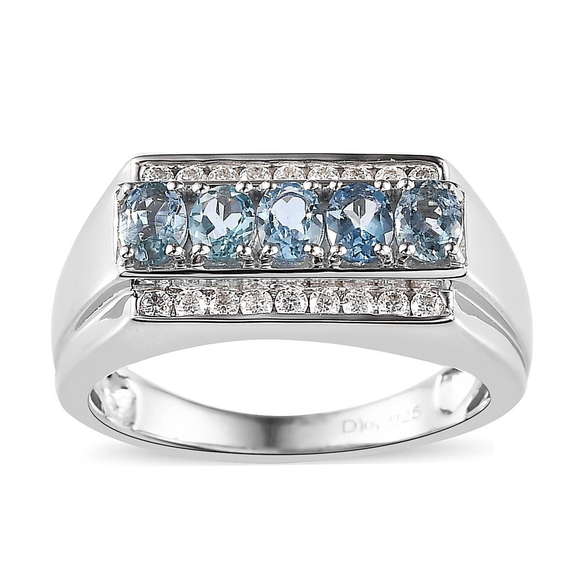 Santa Maria Aquamarine and Moissanite Men's Ring in Platinum Over Sterling Silver (Size 14.0) 1.00 ctw