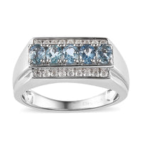 Santa Maria Aquamarine and Moissanite Men's Ring in Platinum Over Sterling Silver (Size 14.0) 1.00 ctw